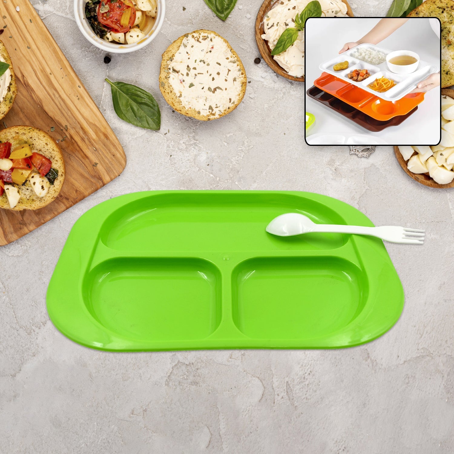 5554 Plastic Food Plates / Biodegradable 3 Compartment Square Plate With Spoon for Food Snacks / Nuts / Desserts Plates for Kids, Reusable Plates for Outdoor, Camping, BPA-free (1 Pc) 5554 Plastic Food Plates / Biodegradable 3 Compartment Square Plate With Spoon for Food Snacks / Nuts / Desserts Plates for Kids, Reusable Plates for Outdoor, Camping, BPA-free (1 Pc)